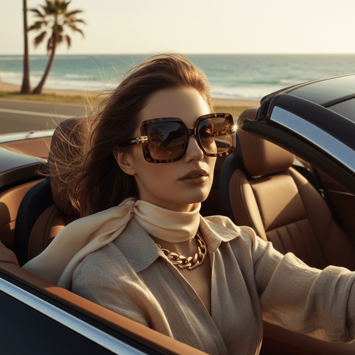 Chic woman in a convertible wearing oversized 70s sunglasses on a sunlit coastal road.