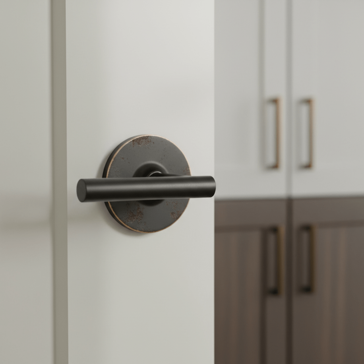 Matte black lever door handle with aged bronze collar on ivory interior door.