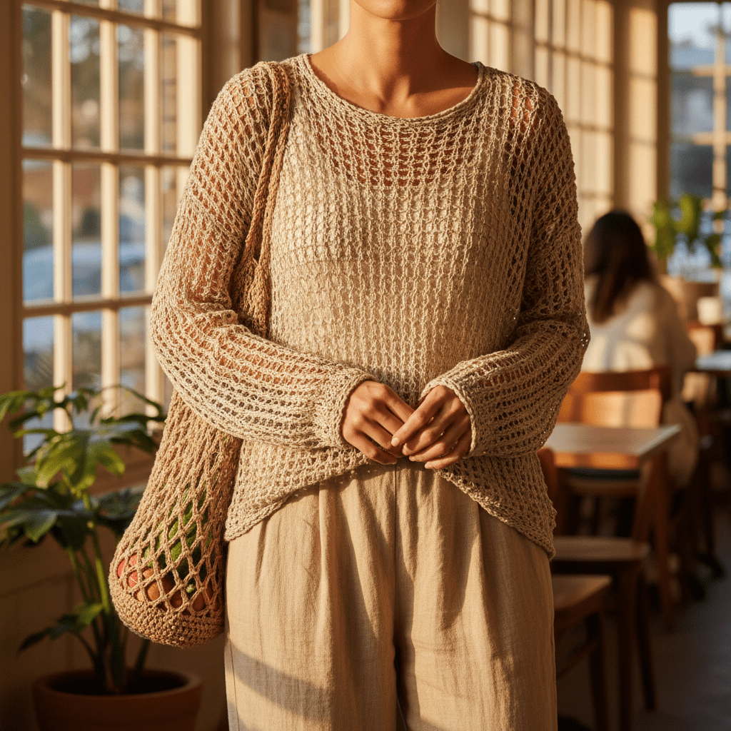 Light beige gauzy knit sweater layered over minimalist tank and linen trousers.