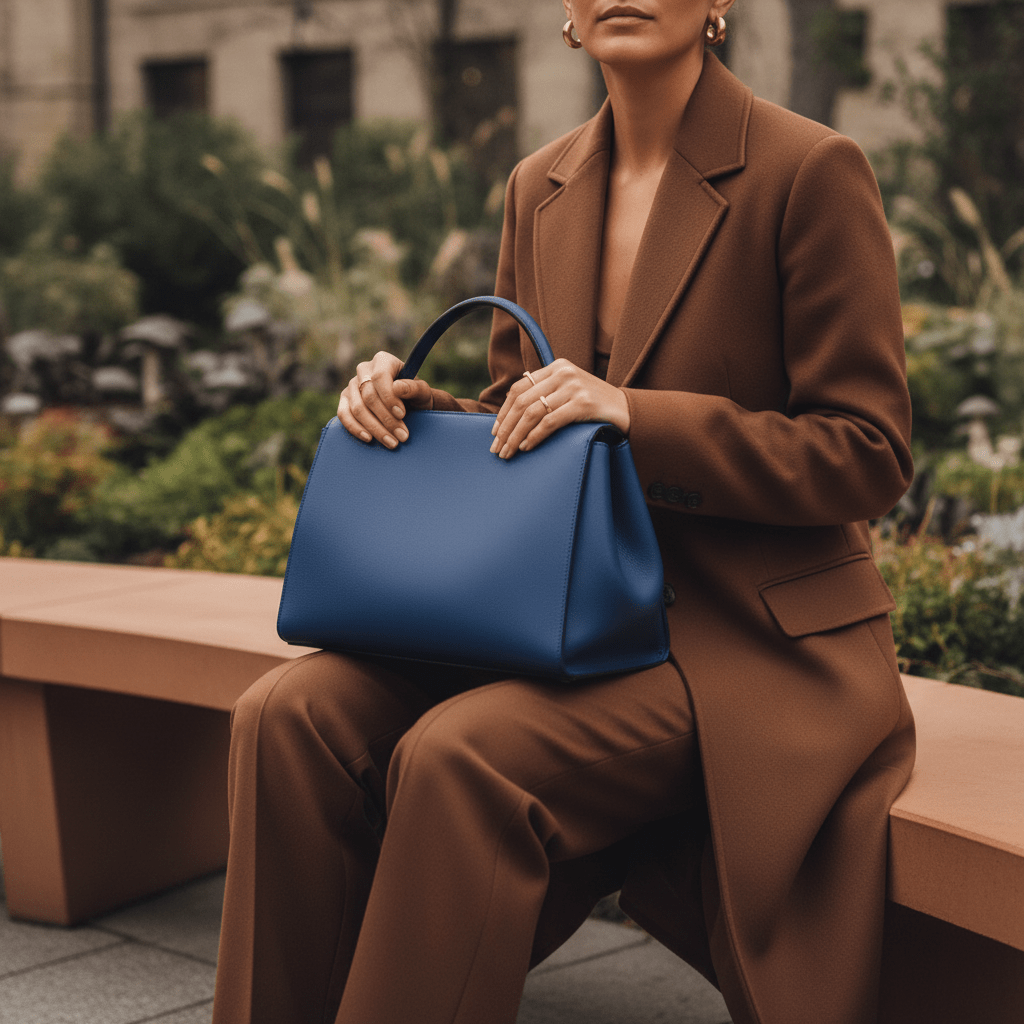 Model in tailored brown coat and trousers with cobalt blue handbag, minimalist style.