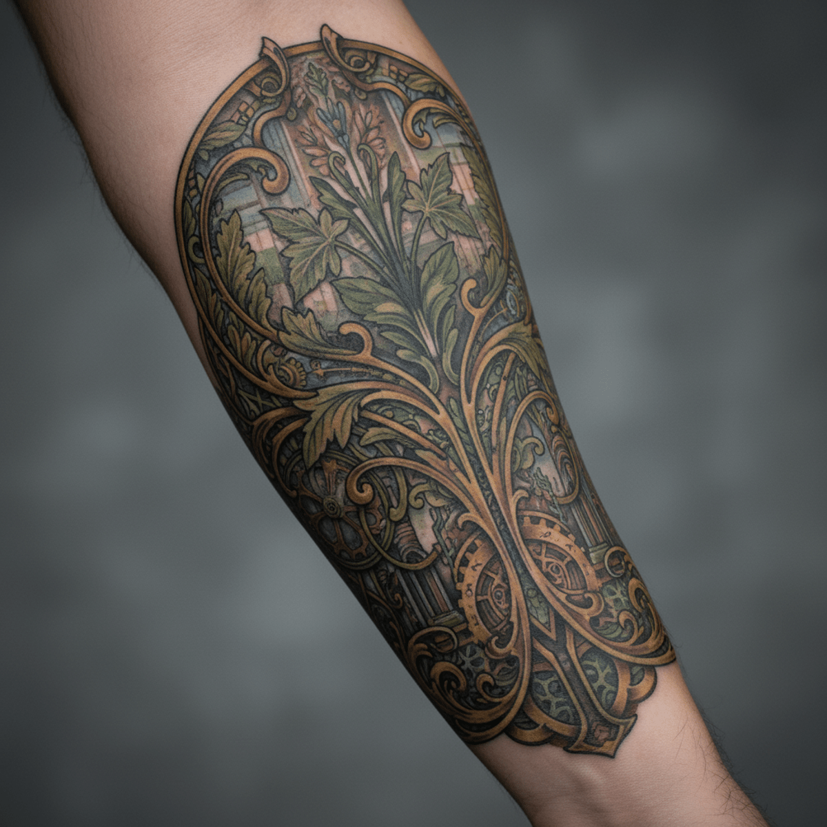 Intricate solar-punk tattoo on forearm with Art Nouveau curves, botanical, and brass gears.