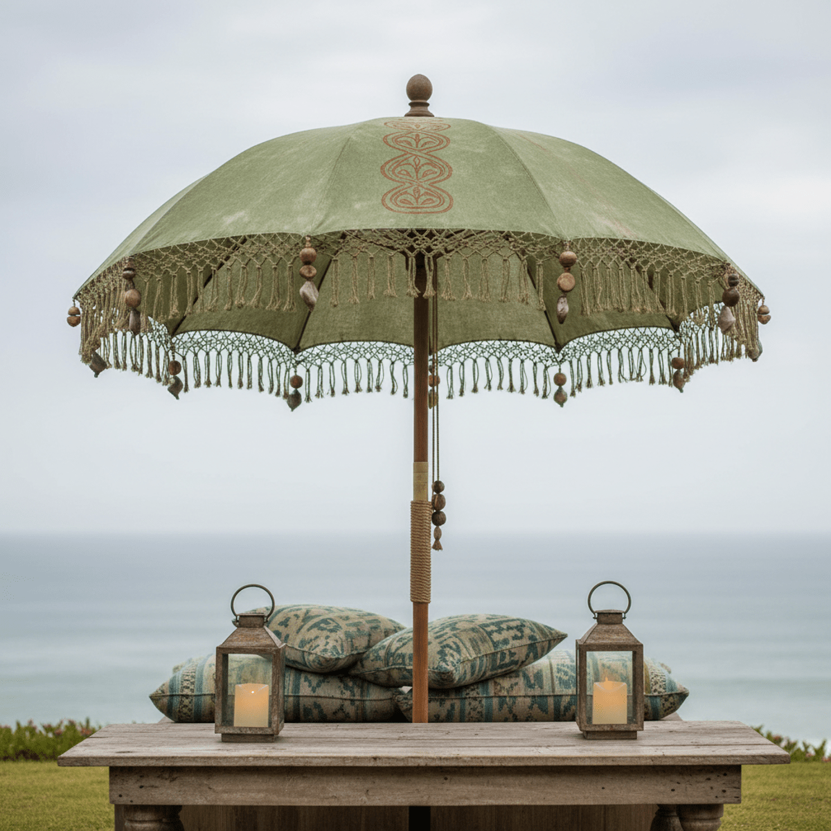 Hand-carved acacia umbrella with sage green hemp canopy over a rustic outdoor table.