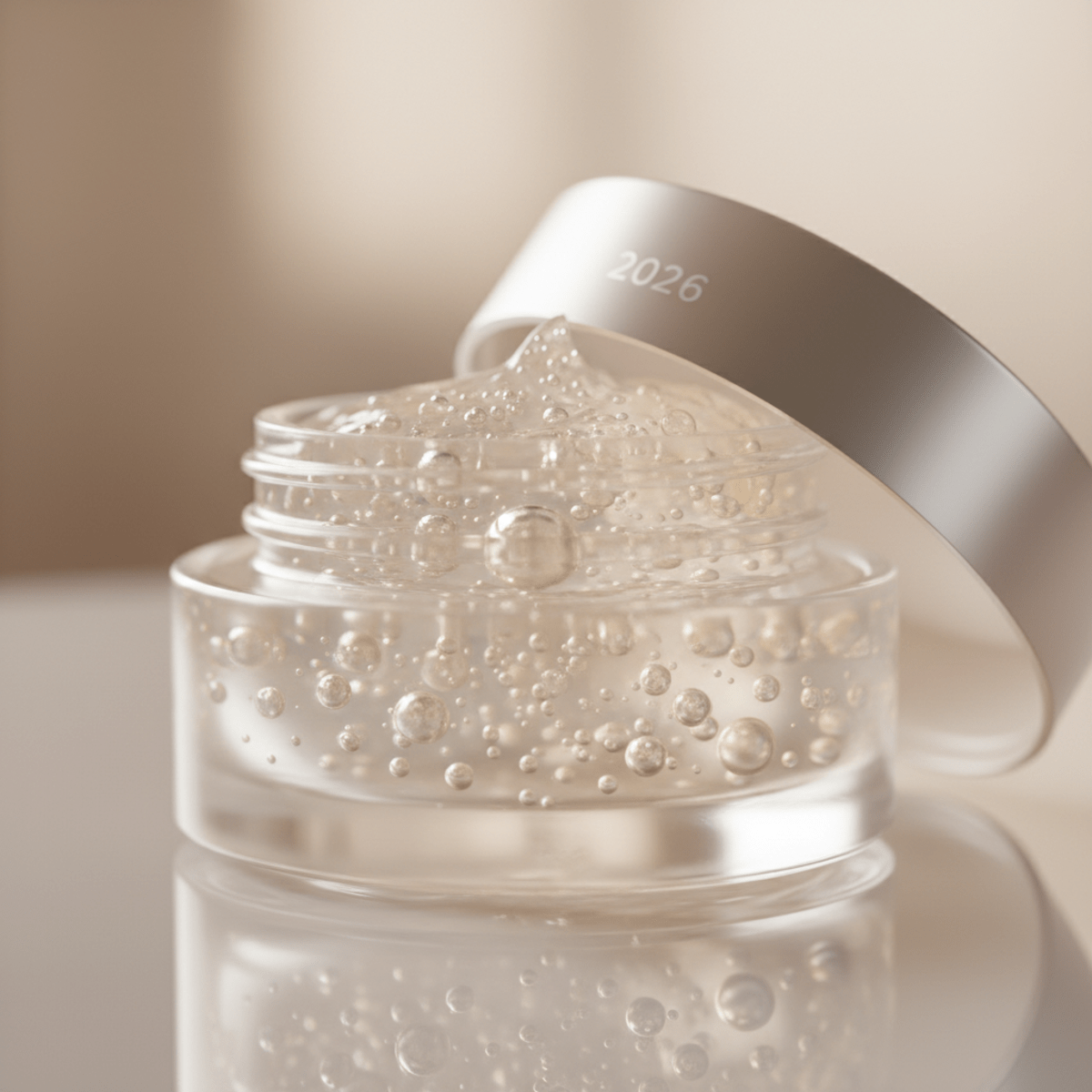 Translucent glutathione cream jar with shimmering micro-droplets and pearl beads on glass.