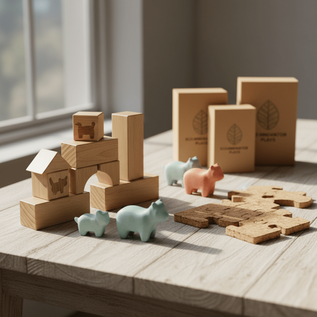 Sustainable eco-innovator playsets made from recycled materials on a wooden table.