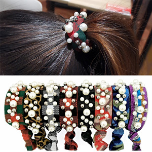 2019 custom print logo wholesale hair accessories women no crease ponytail holders elastic ribbon hair ties with pearls