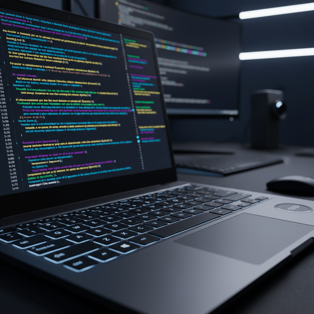 Budget laptop with backlit keyboard in a high-tech study setup, showing code.