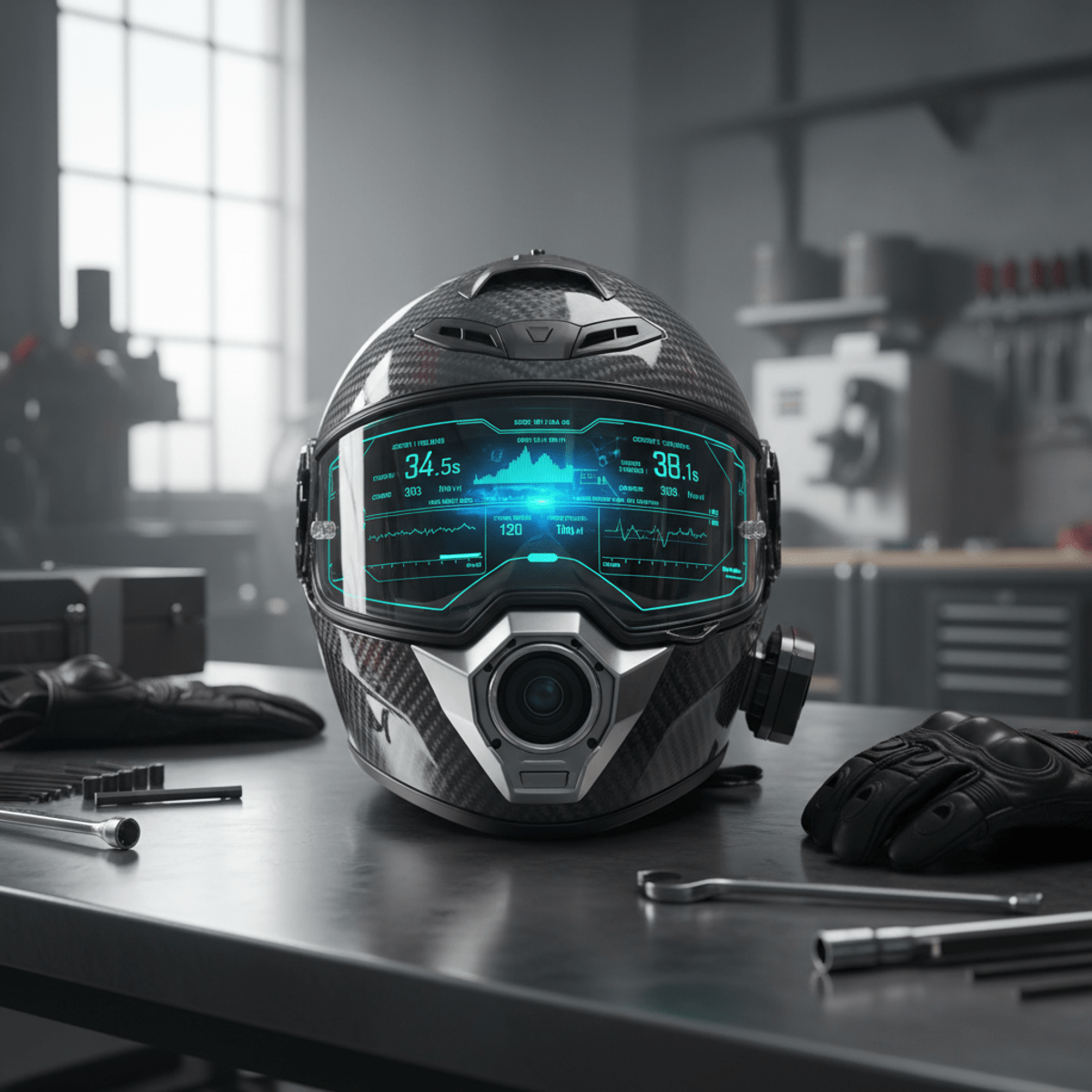 Motorcycle helmet camcorder visor displays holographic racing telemetry analytics.