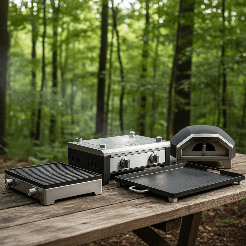 Modular portable gas range with attachments set up for outdoor cooking.