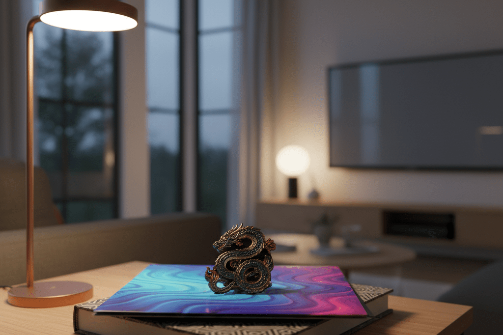 Medium shot of dragon pin, abstract vinyl sleeve, and art book on oak table in softly lit UK living room