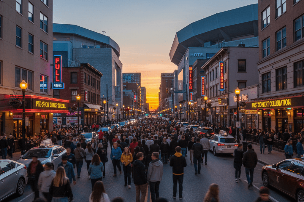 Wide-angle view of a busy urban area filled with concert-goers near glowing hotels and restaurants under soft evening lights