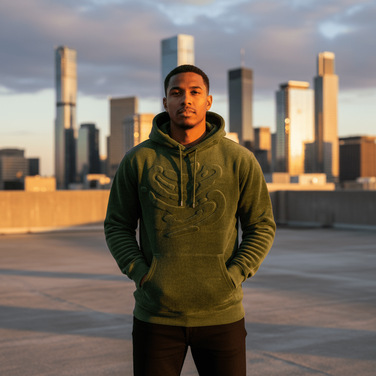Men's moss green hoodie with puff-print graphics on an urban rooftop at golden hour.