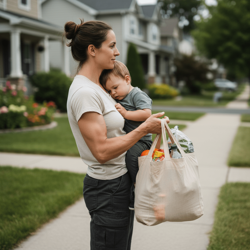 Mother carrying toddler and groceries on sidewalk, muscles defined in soft daylight.
