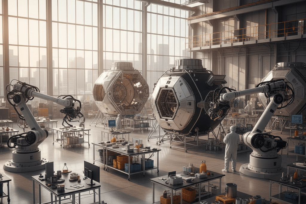 Modern aerospace facility building components for lunar infrastructure Warmly lit manufacturing workspace showcasing advanced robotics and space exploration hardware under natural and ambient lighting