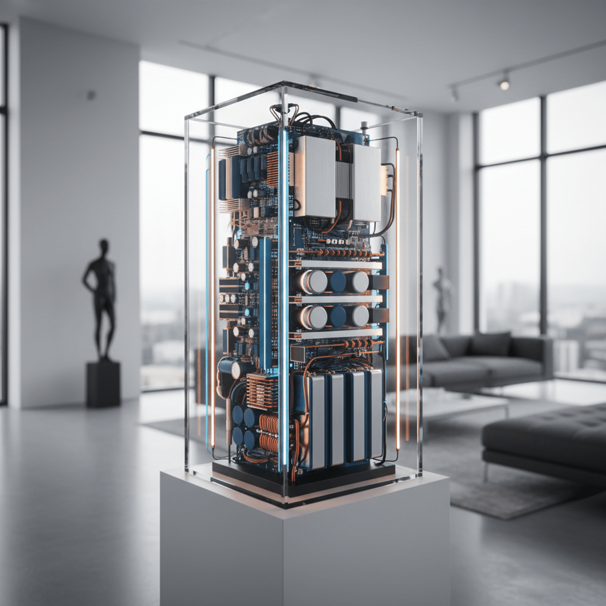 Futuristic home UPS displayed as art within a clear glass case.