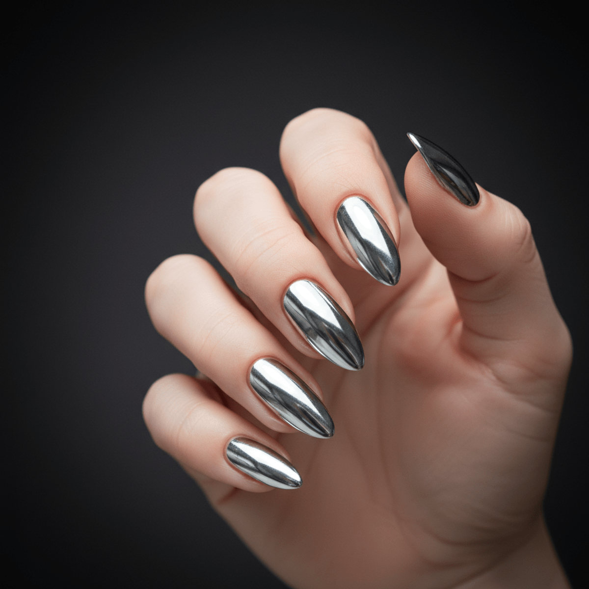 Close-up of almond-shaped nails with a hyper-reflective molten chrome finish.