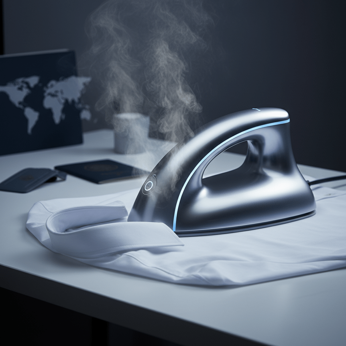 Futuristic portable iron emitting gentle steam over a crisp white shirt collar.