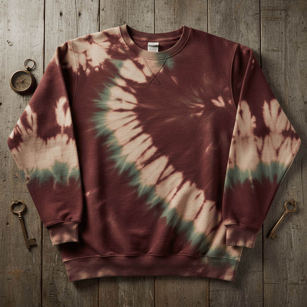 Deep burgundy tie dye sweatshirt with subtle reverse dye patterns and forest green undertones.