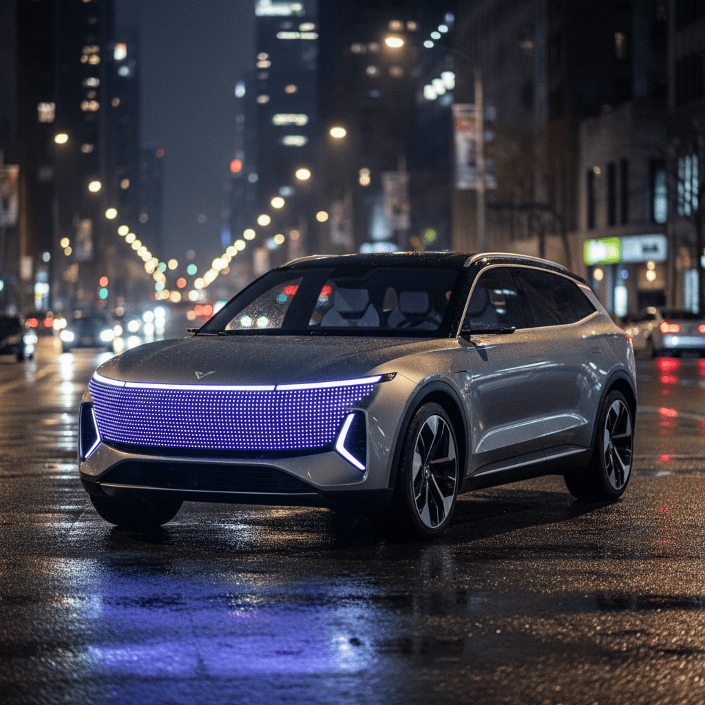 Futuristic seven-seat SUV with pixelated LED grille in a wet urban night.