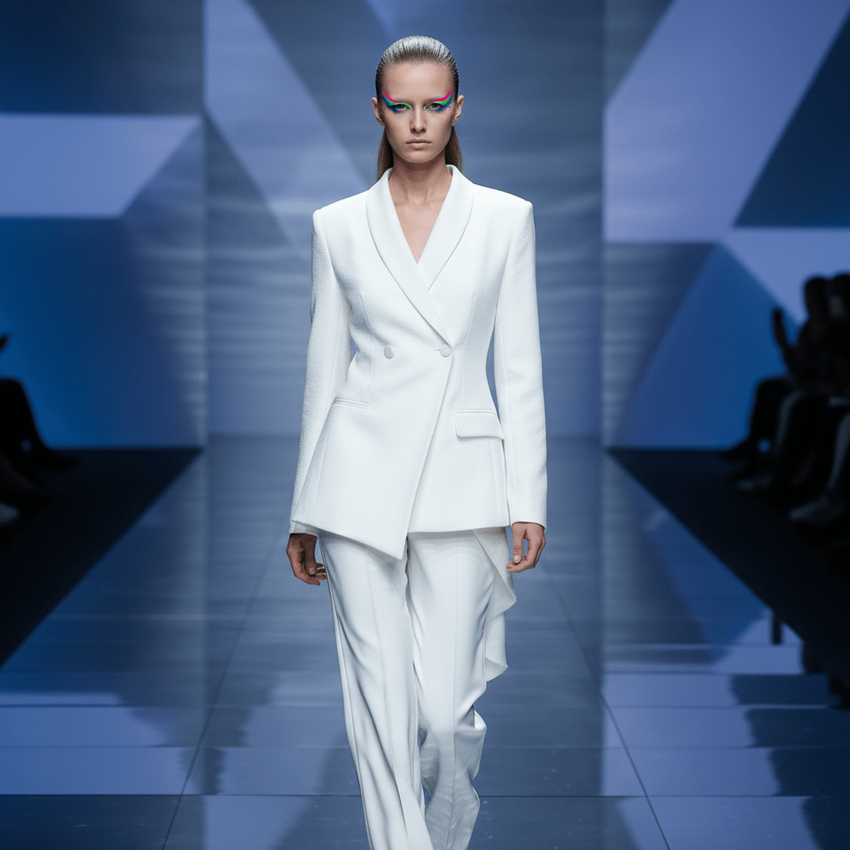 Model showcases bold neon eye makeup and 90s bleached eyebrows on a glossy runway.