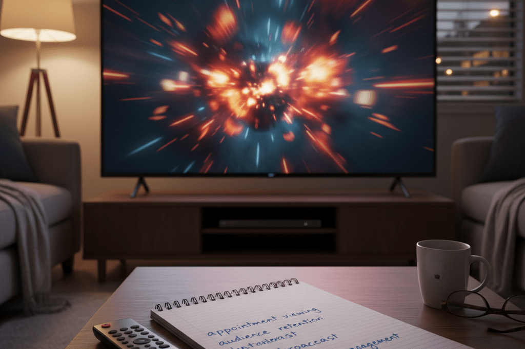 Living room TV showing blurred action scene with remote and marketing notes under warm ambient light
