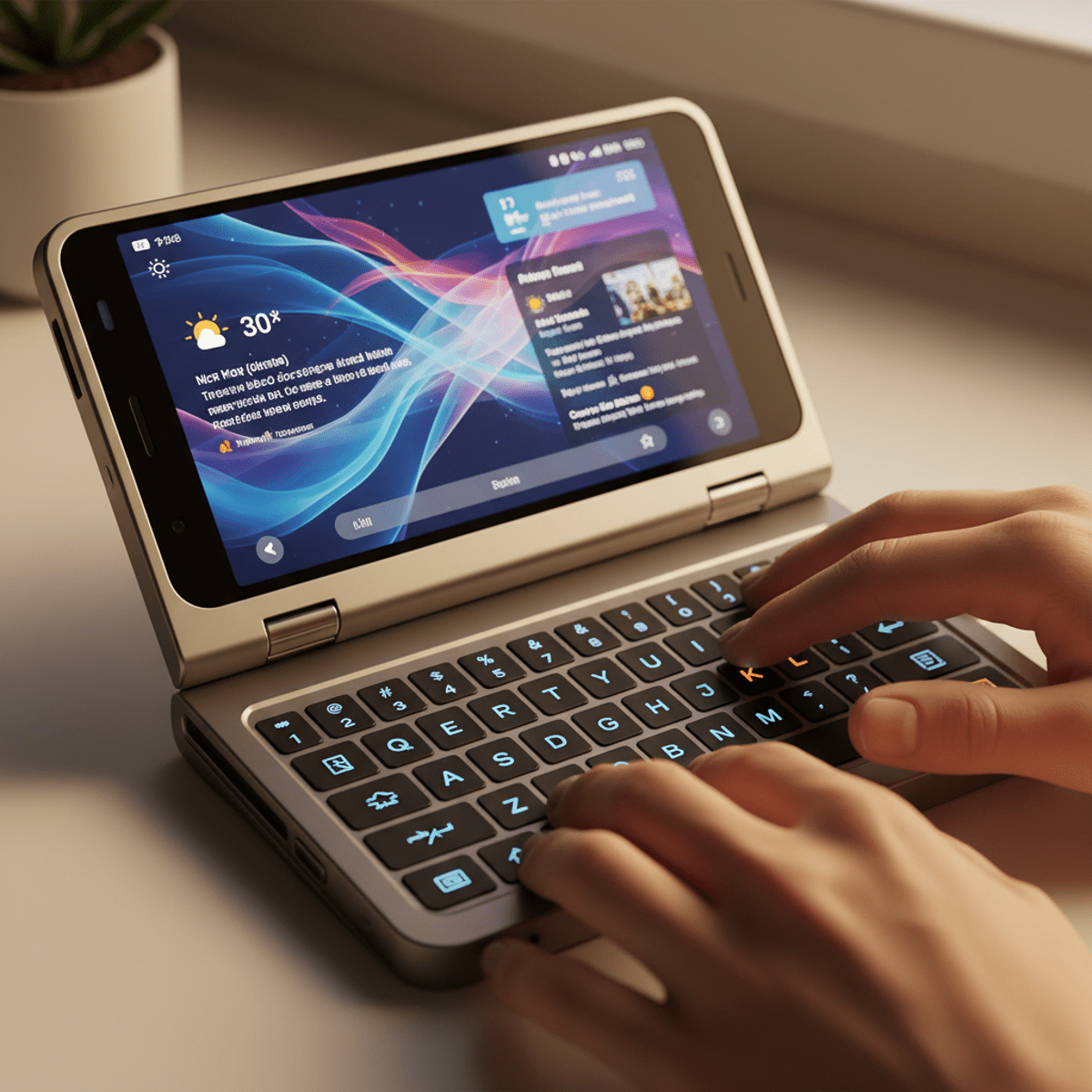 Sleek futuristic slider phone with tactile QWERTY e-ink keyboard and vibrant OLED screen.