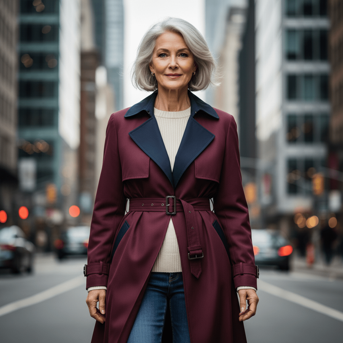 Woman in sixties wearing a modern burgundy trench coat with navy lapels on a city street.
