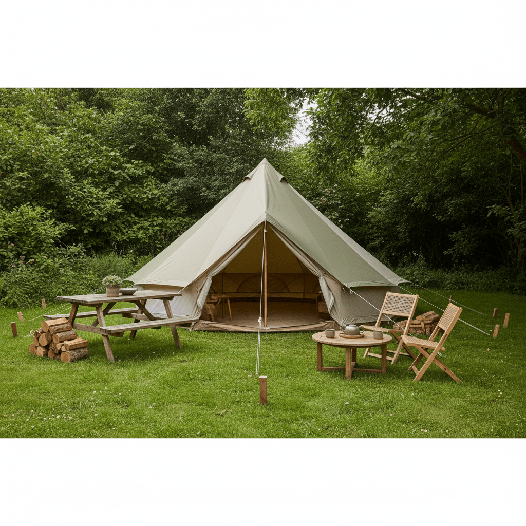 Heavy duty poly-cotton bell tent in a lush green backyard with natural wood props.