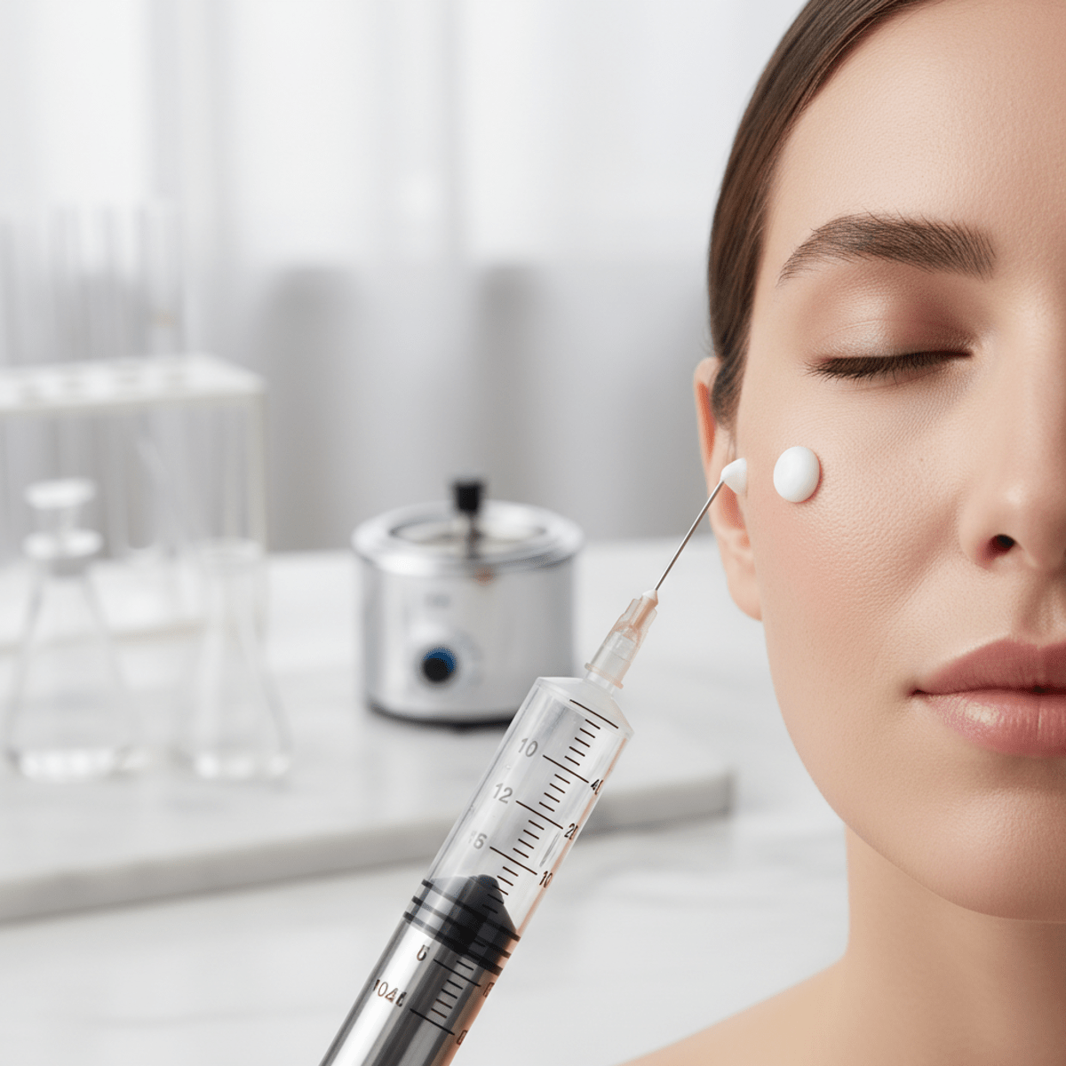 Precise application of glutathione cream with a sterile, marked syringe onto smooth skin.