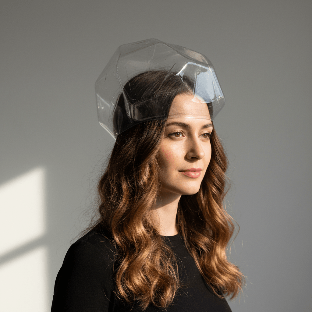 Futuristic transparent vinyl cap revealing intricate hair texture and color on a model.