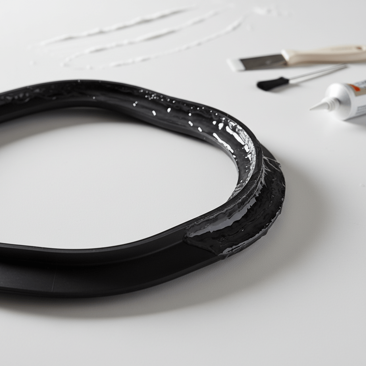 Rubber appliance gasket with mold-resistant silicone sealant on a white workbench.