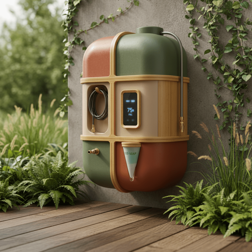 Sleek rainwater barrel with integrated power washer and smart water sensor.