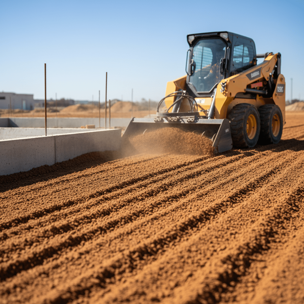 Power rake precisely grading soil next to a new building foundation.