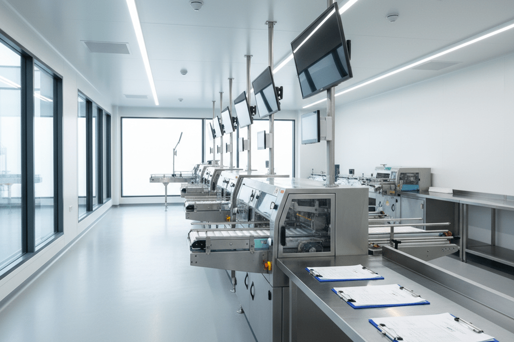 Empty food production inspection area emphasizing quality control systems Wide shot of sterile food production inspection station with stainless steel tools and safety checklists, lit by natural light through large windows