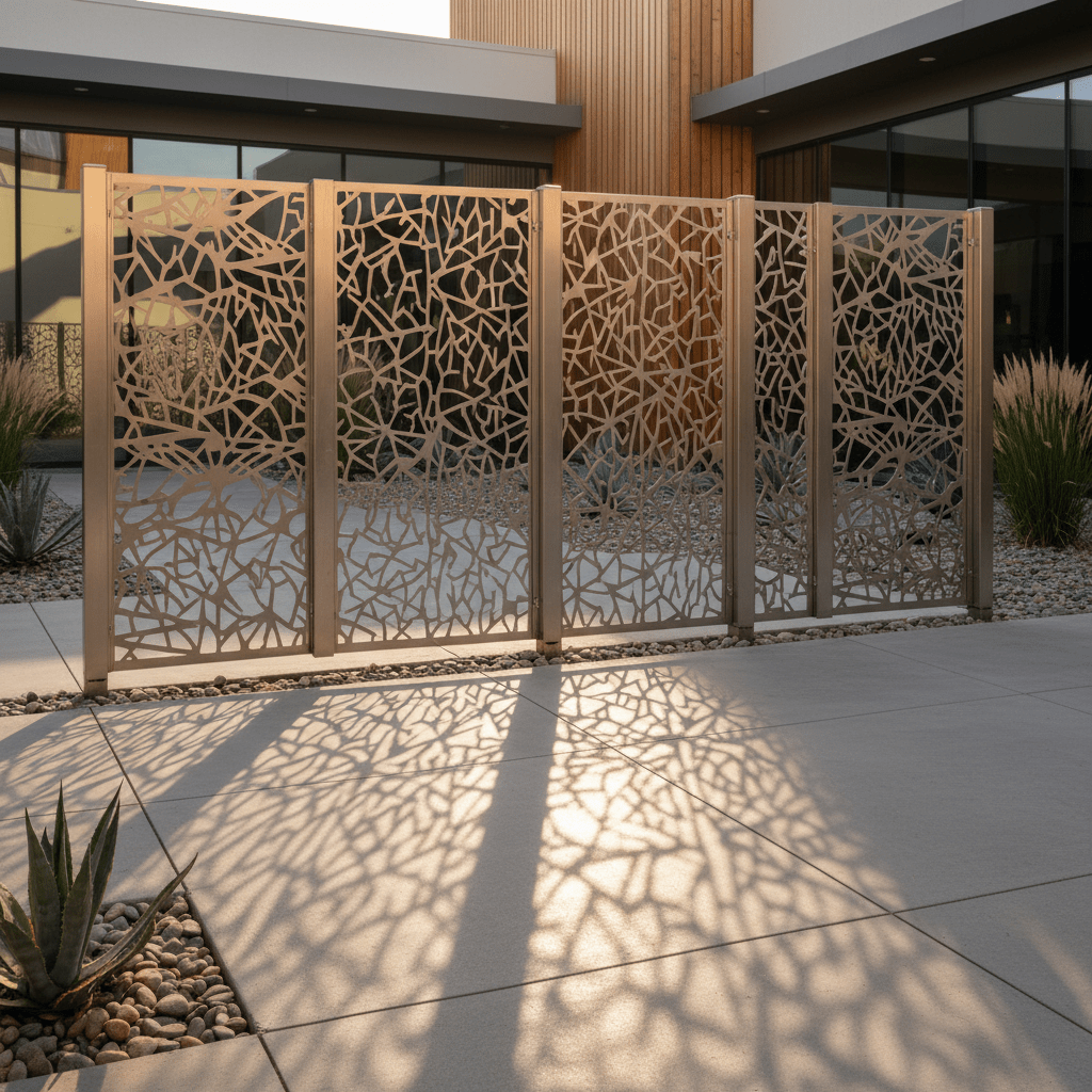 Corrugated metal fence with laser-cut geometric patterns casting shadows on a patio.
