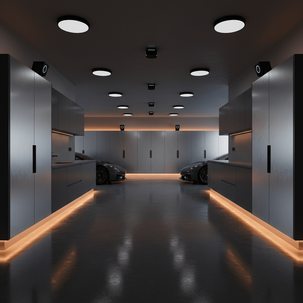 Futuristic garage with motion lights casting amber glow on a smooth concrete floor.