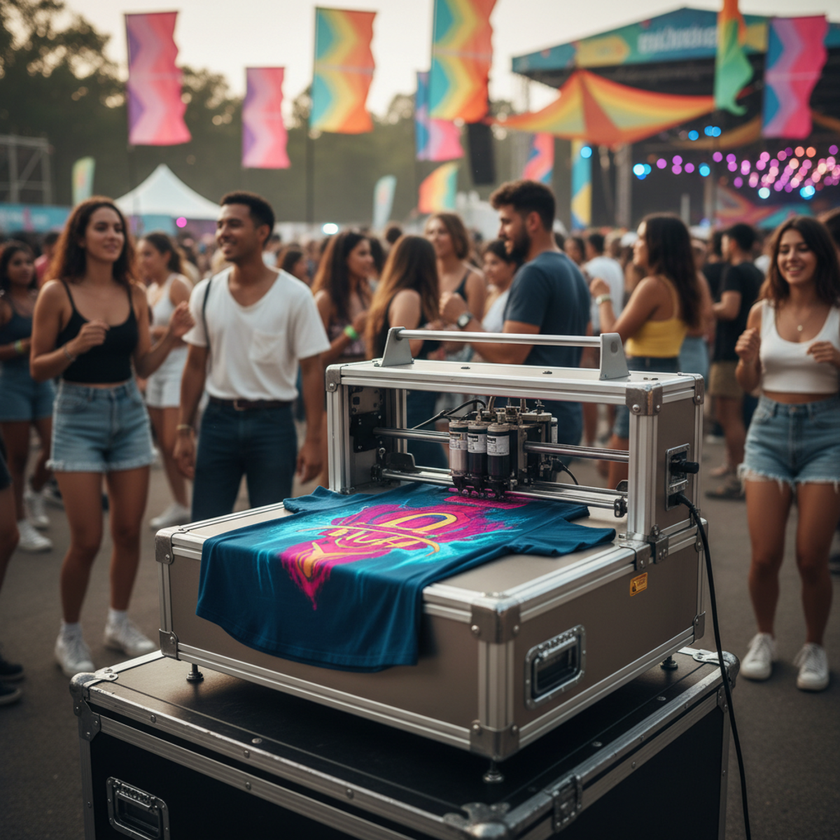 Portable shirt printer creating custom designs at an outdoor music festival.