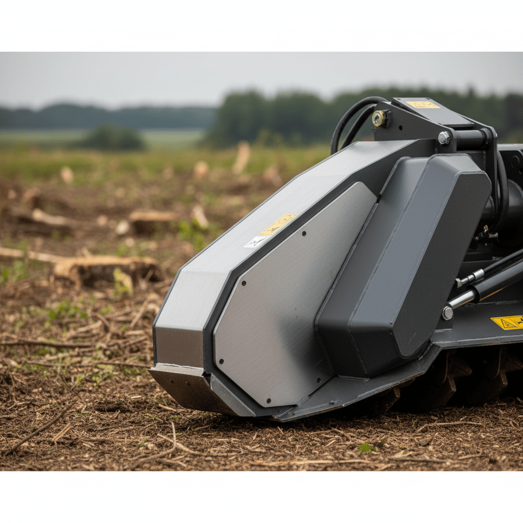 Close-up of a streamlined skid steer mulcher with metallic and composite textures.