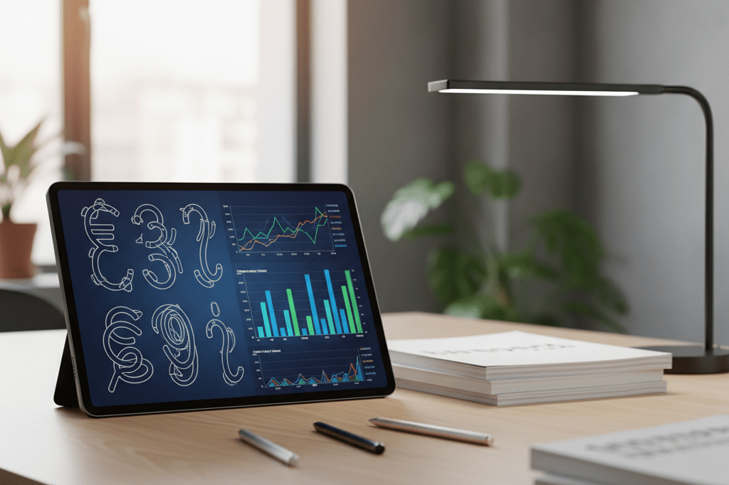 Clean desk with abstract design sketches and data charts under natural light, symbolizing strategic game development