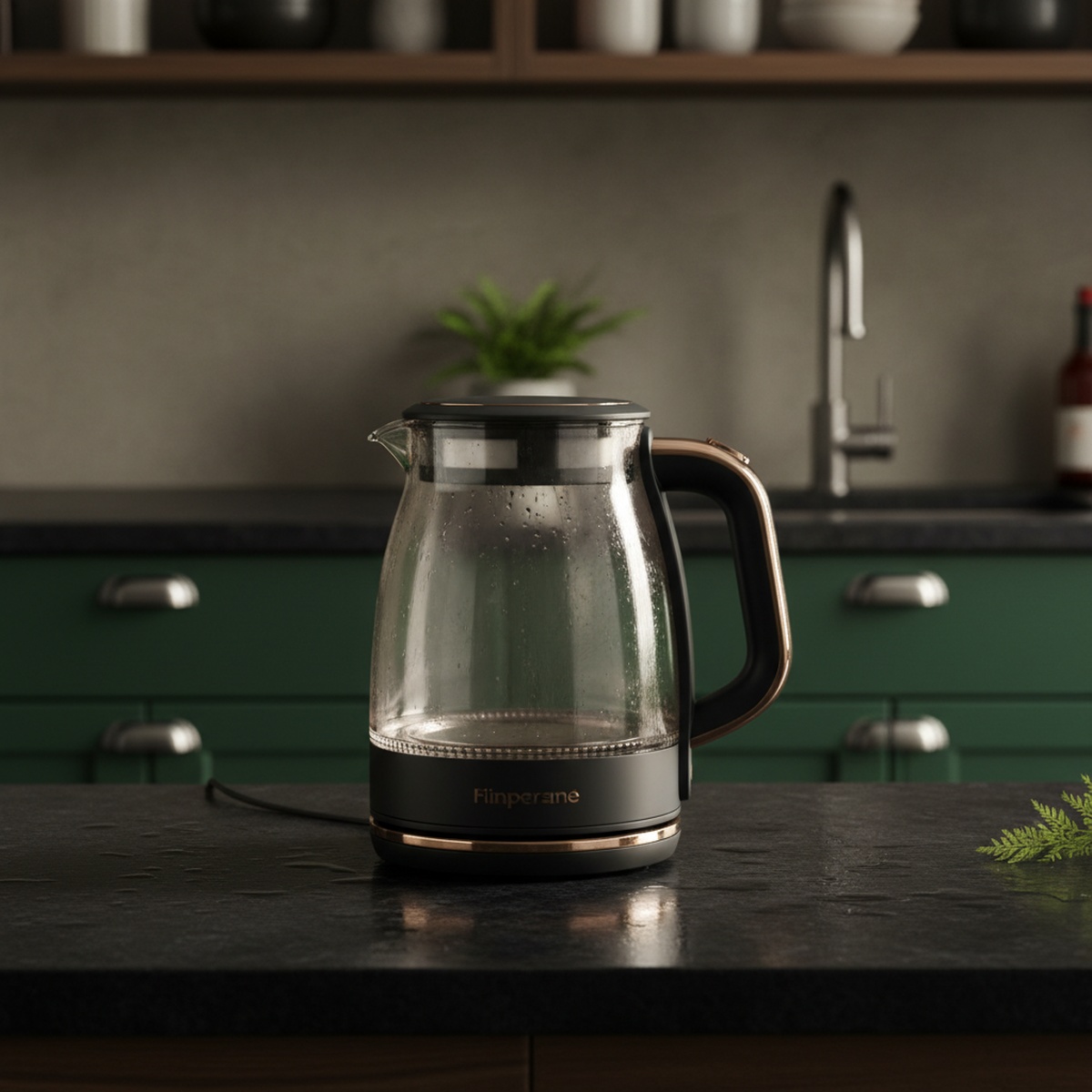 Elegant glass kettle with matte black and bronze accents in a moody kitchen.