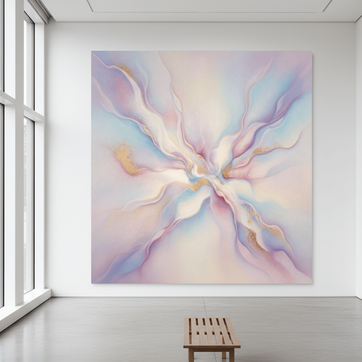 Expansive abstract canvas with ethereal aura gradients in a minimalist gallery.