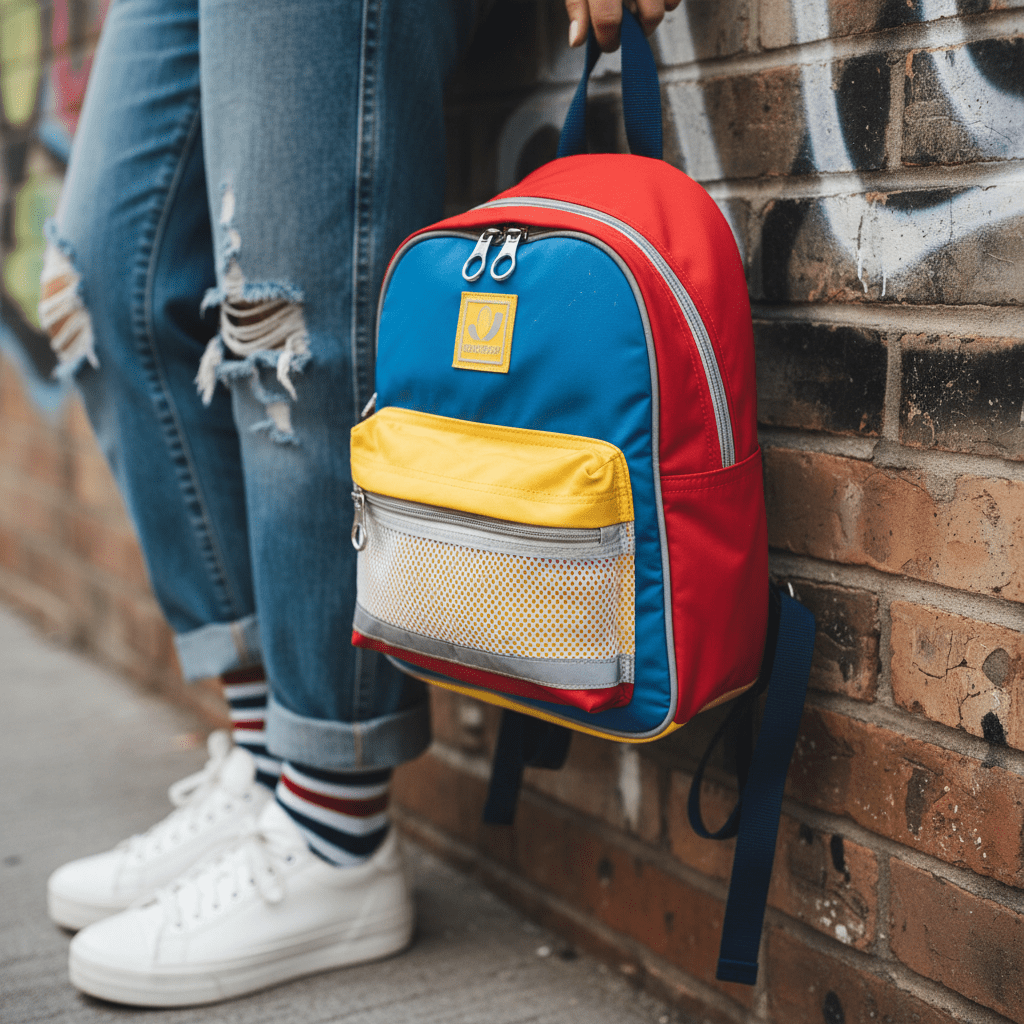 Compact 1995-inspired mini backpack in bright nylon on a retro urban street.
