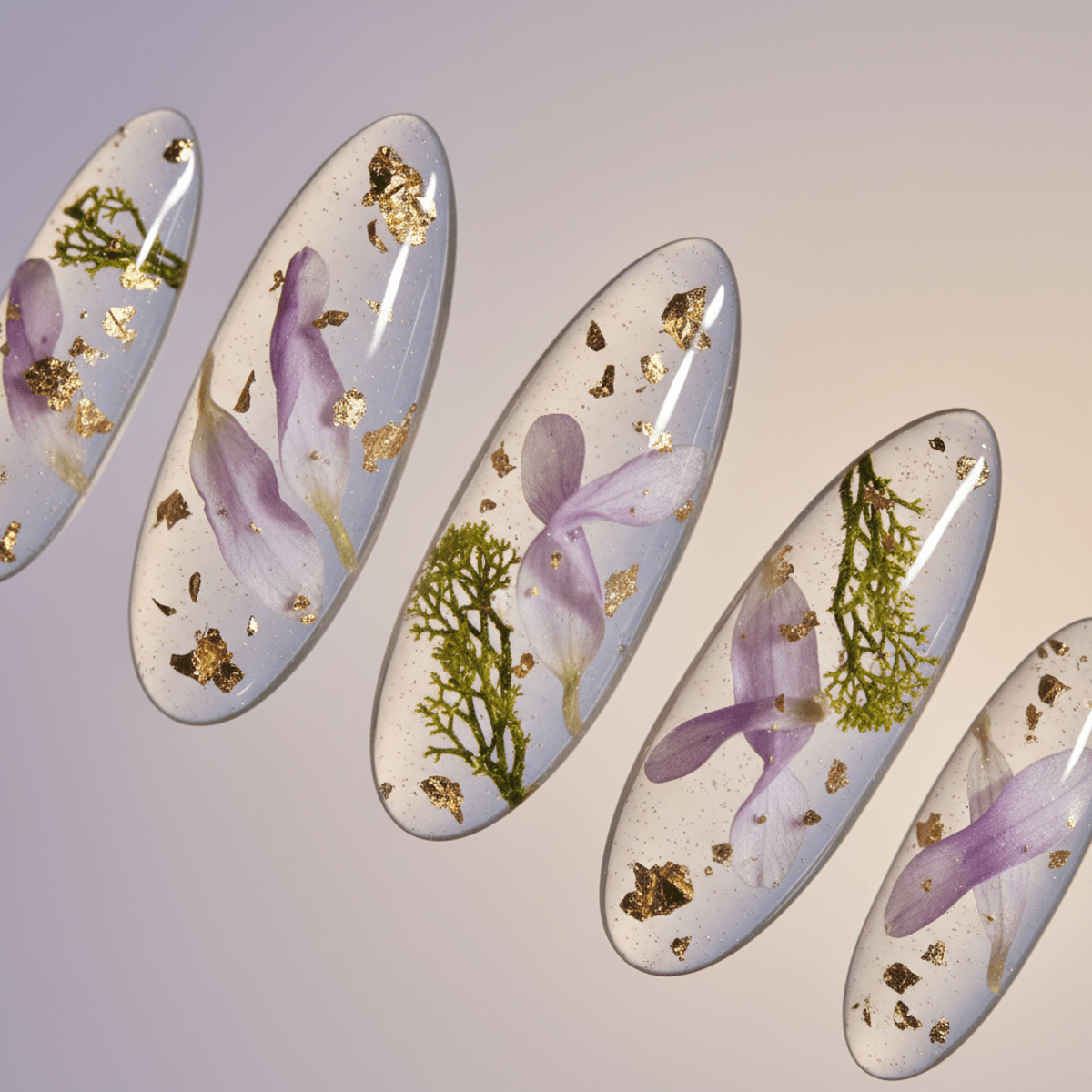 Trendy almond gel nails showcase miniature botanical dioramas with lavender and moss.