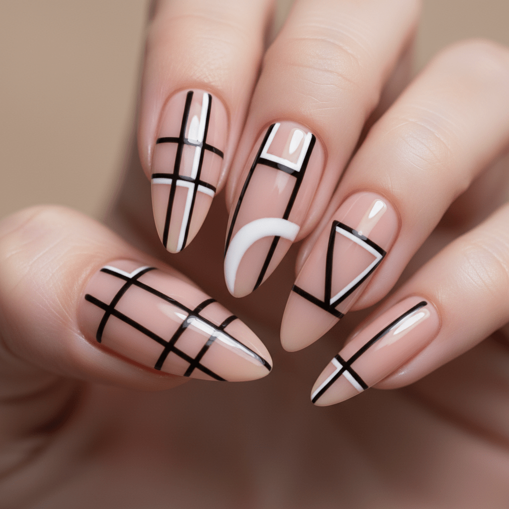 Minimalist acrylic nails with bold black and white geometric lines on nude nail beds.