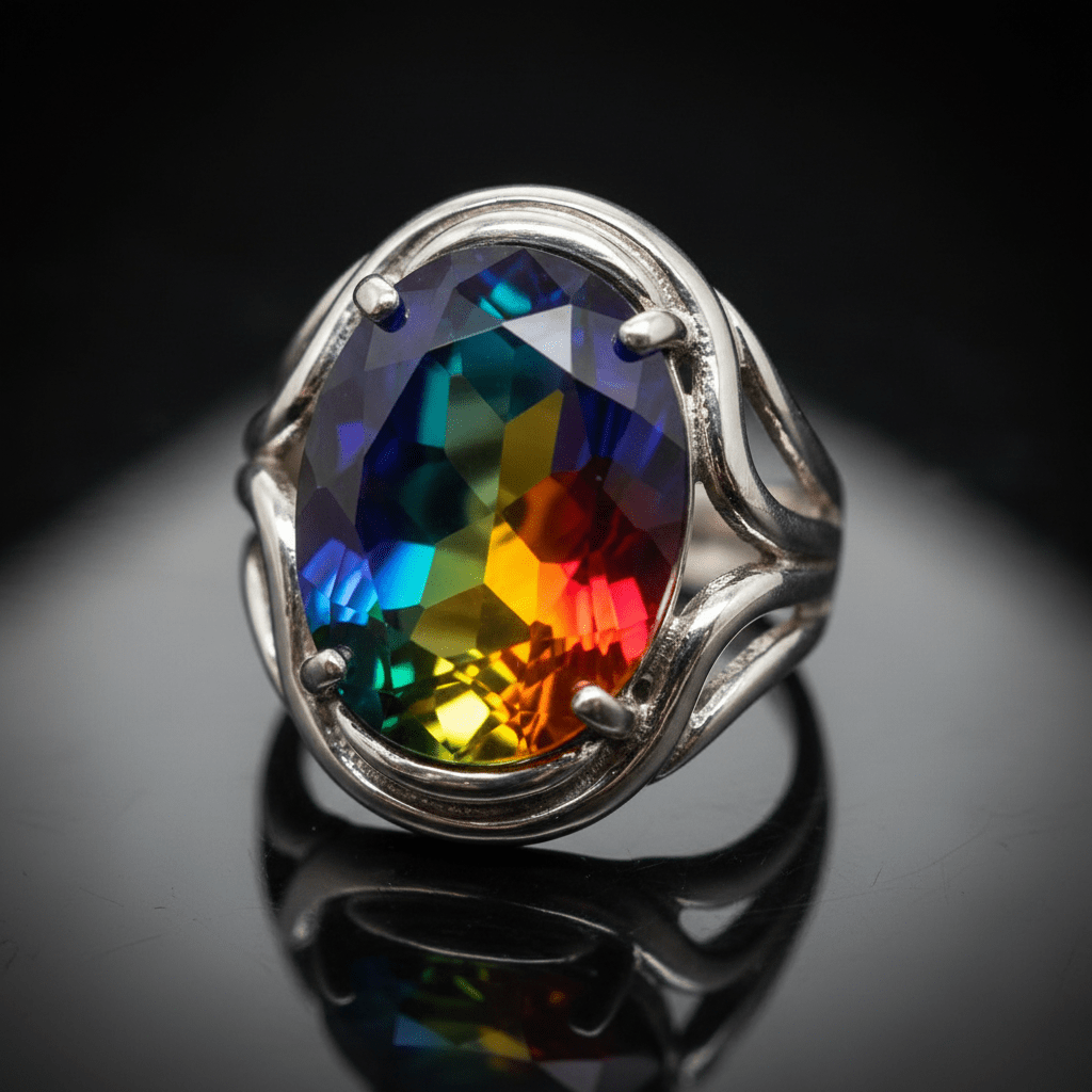 Nostalgic mood ring with shifting thermochromic gemstone Close-up of a colorful mood ring with a shifting gemstone on black velvet.