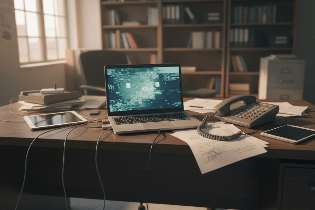 Laptop frozen, phone off-hook, papers scattered on office desk amid warm ambient light symbolizing business interruption
