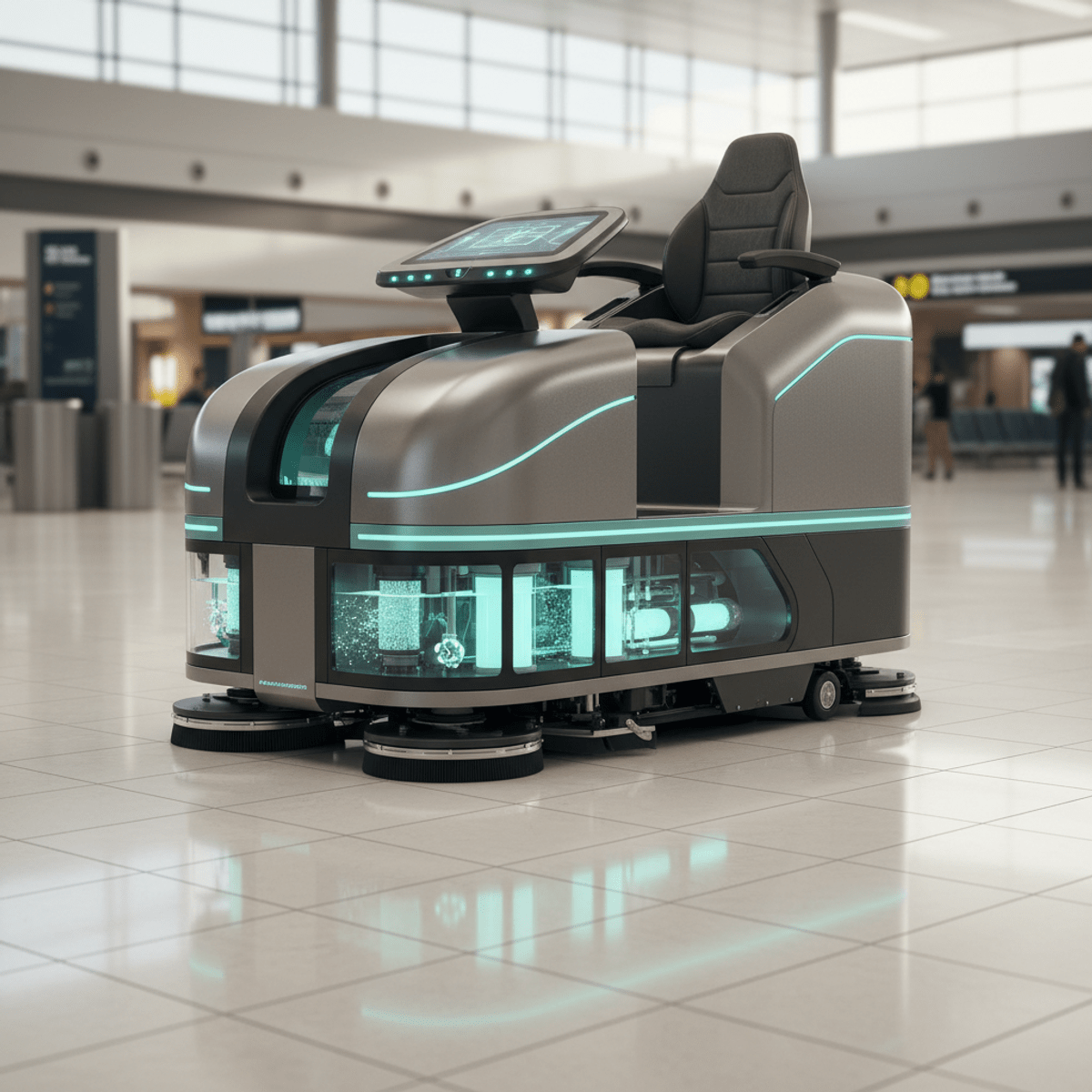 Advanced ride-on tile and grout cleaning machine for large spaces. Futuristic ride-on tile cleaner with ergonomic seat and visible filtration for large commercial spaces.