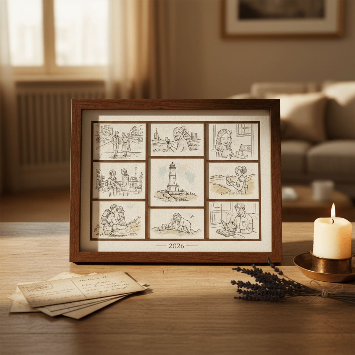 Handcrafted illustrated storyboard gift with watercolor memories in an elegant wooden frame.