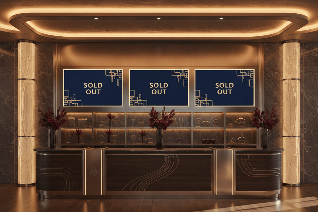 Exclusive festival ticket booth showcasing sold-out premium packages Wide shot of upscale ticket booth under ambient light, digital screens indicate sold-out status, evoking scarcity-driven demand