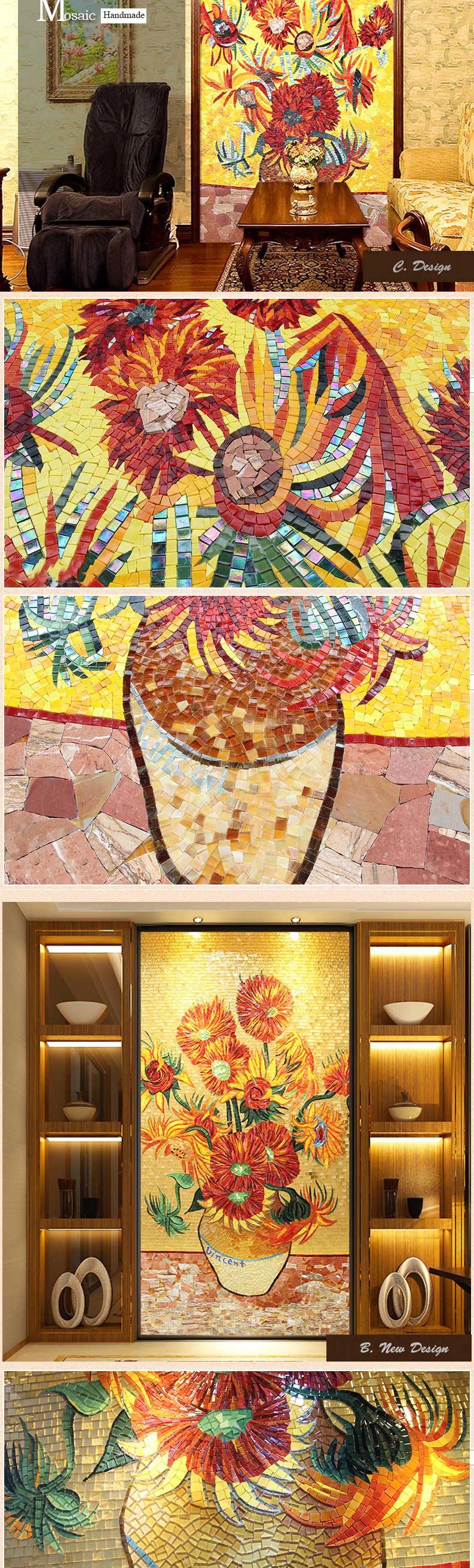 モザイク　油絵アート ゴッホひまわりガラスモザイク壁画3Dアート油絵パターンデザイン