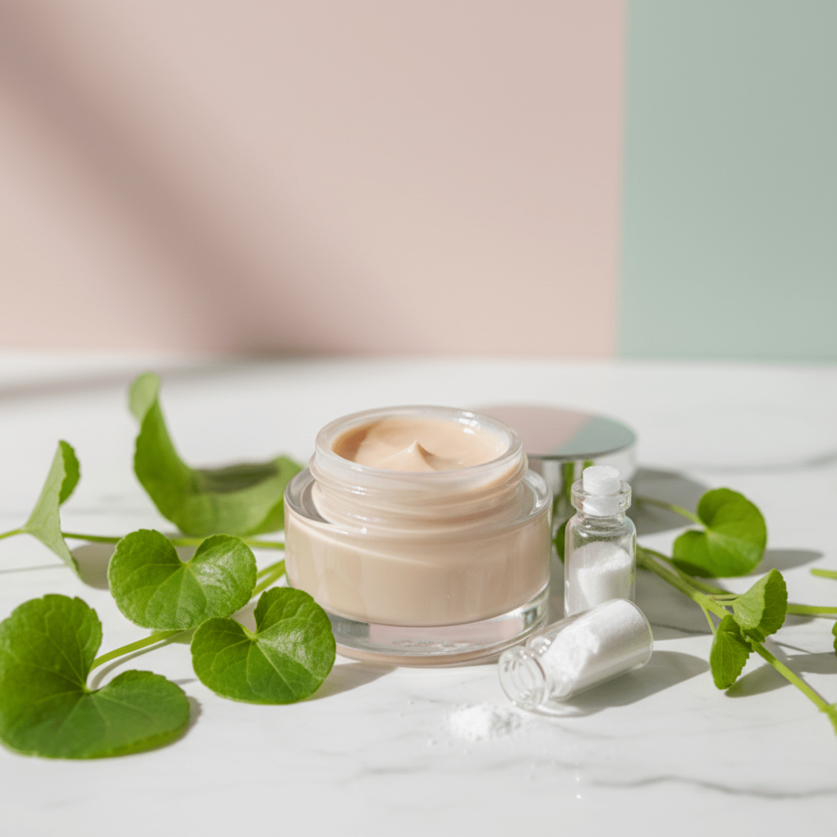 Sleek glass jar of Korean CC cream with Centella Asiatica leaves on marble.